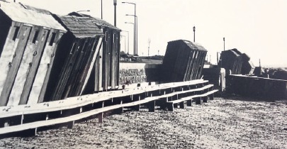 Worse for wear - some Southend beach huts appear to be falling down in 1979