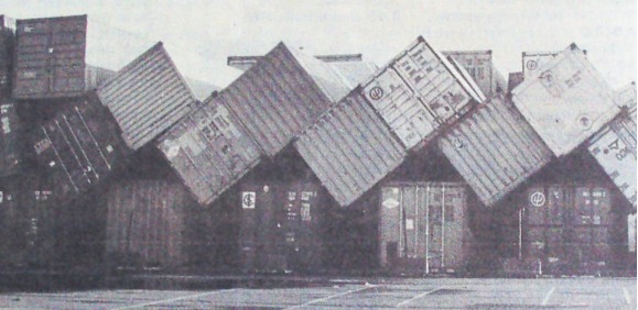 Toppled like dominoes - huge containers were unable to withstand the winds at Tilbury Docks