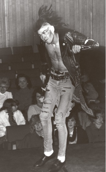 Animated - a male model performs for the crowd at a show in Southend in 1986