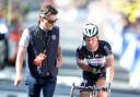 Mark Cavendish crosses the line in Harrogate yesterday following his crash