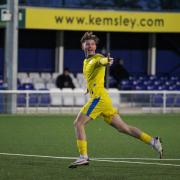Joy - Lewis Simper celebrates scoring the only goal of the game for Concord Rangers  Picture: PAUL RAFFETY