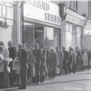 Scramble - customers queuing outside the Southend-based Baldwins Bakery in August 1977