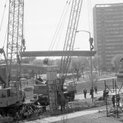 Cranes - the new footbridge on Southend Ring Road is constructed in May 1967