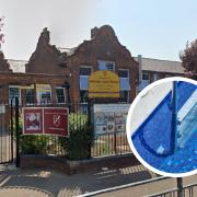 Sad decision - Hamstel Junior School and inset stock image of a pool