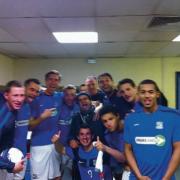 Southend United's players with Timmy Mallet in the dressing room