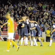 Relief – the Blues players celebrate Ryan Cresswell’s winner