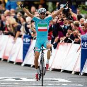 Vincenzo Nibali celebrates his victory on stage two