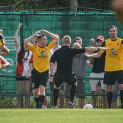 Baffling - the referee points to the spot against East Thurrock Picture: MIKEY CARTWRIGHT