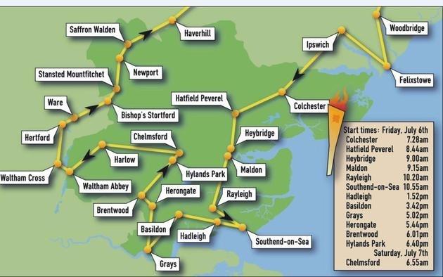 The route the Olympic Torch will take through Essex.