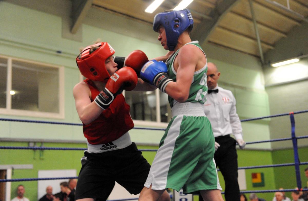 Boxing night at James Hornsby school, organised by Berry boxing club
Red hat Mason Stewart from Cheshunt ABC v  Shay Norman  from Berry ABC in the blue hat