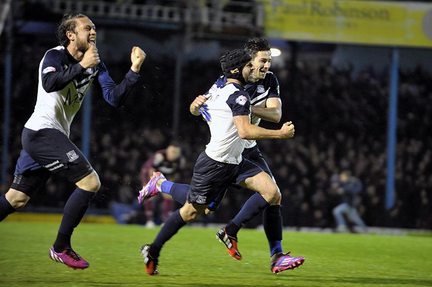 Southend v Stevenage in the play off semi final
Blues players celebrate Timlin's goal
