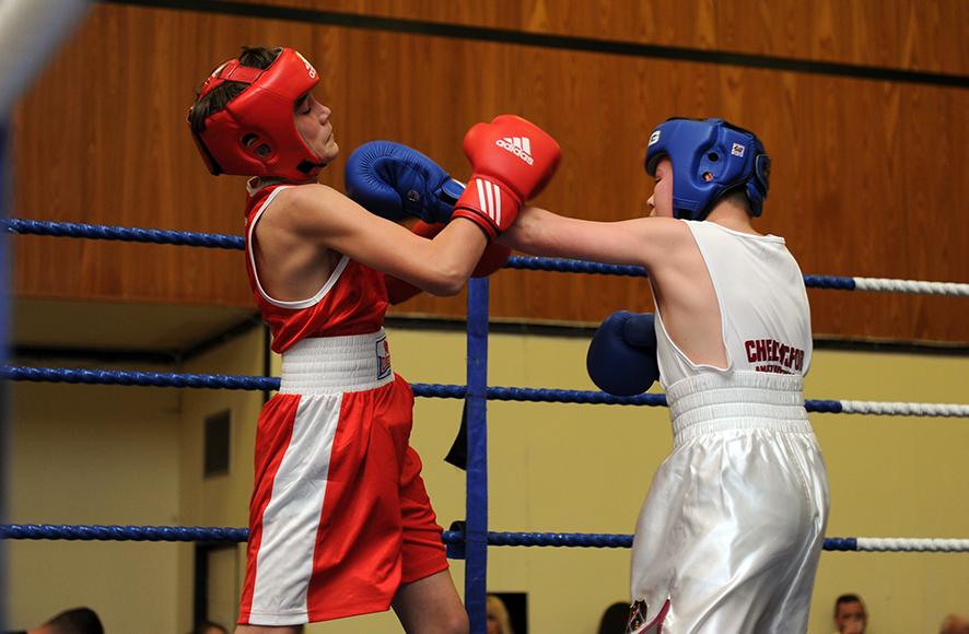 Rayleigh ABC Boxing night at Mill Hall, Rayleigh, Michael Doran from Canvey in red v Archie Dines from Chelmsford in blue
