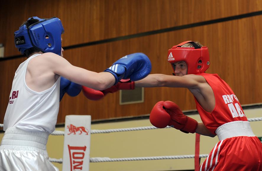 Rayleigh ABC Boxing night at Mill Hall, Rayleigh
Dylan Kennedy in red from Rayleigh v James Mason in blue from Chelmsford