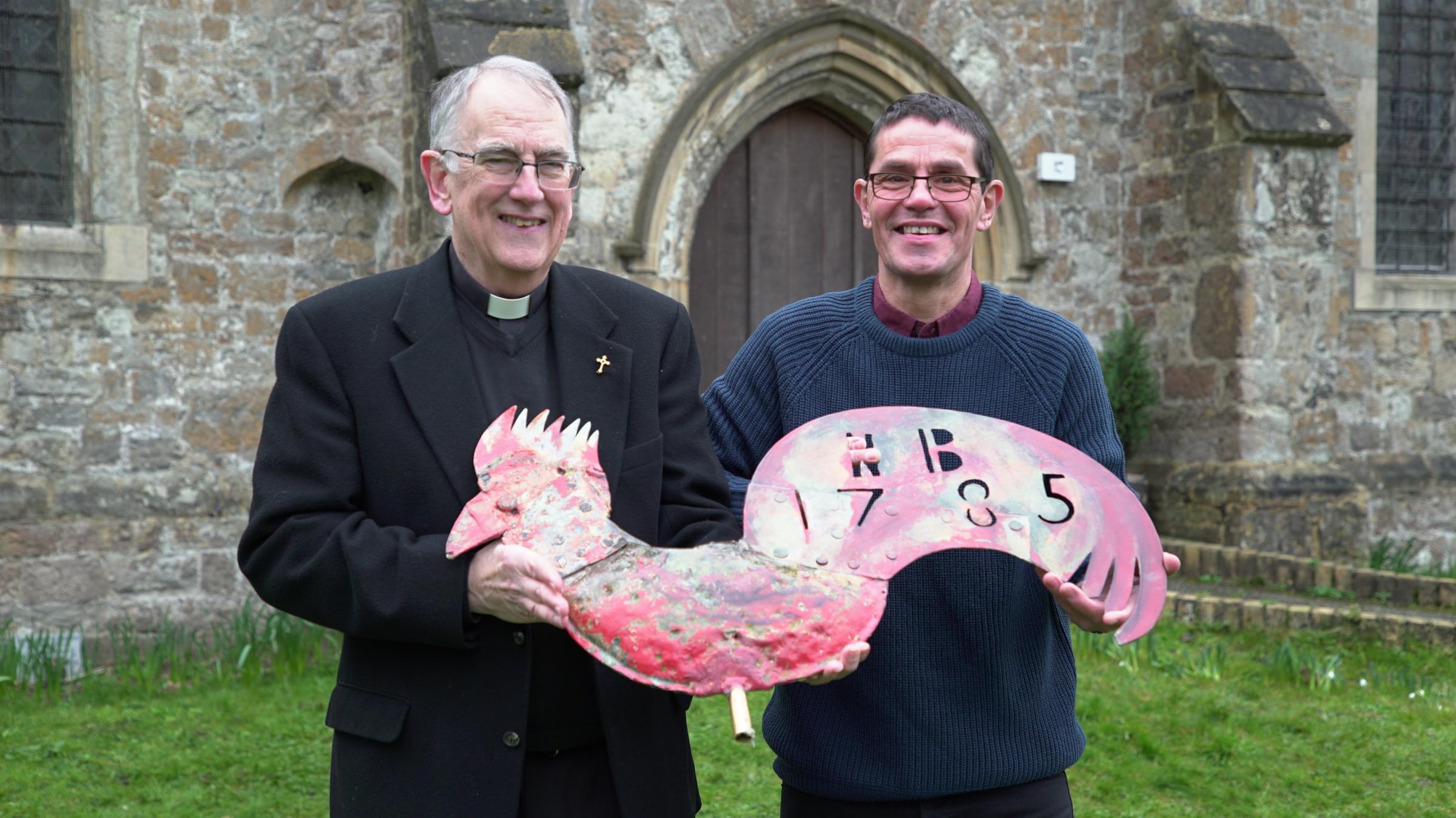 All smiles - Father Leslie Drake and Colin Gregory with the restored cockerel Picture: RICOCHET/BBC