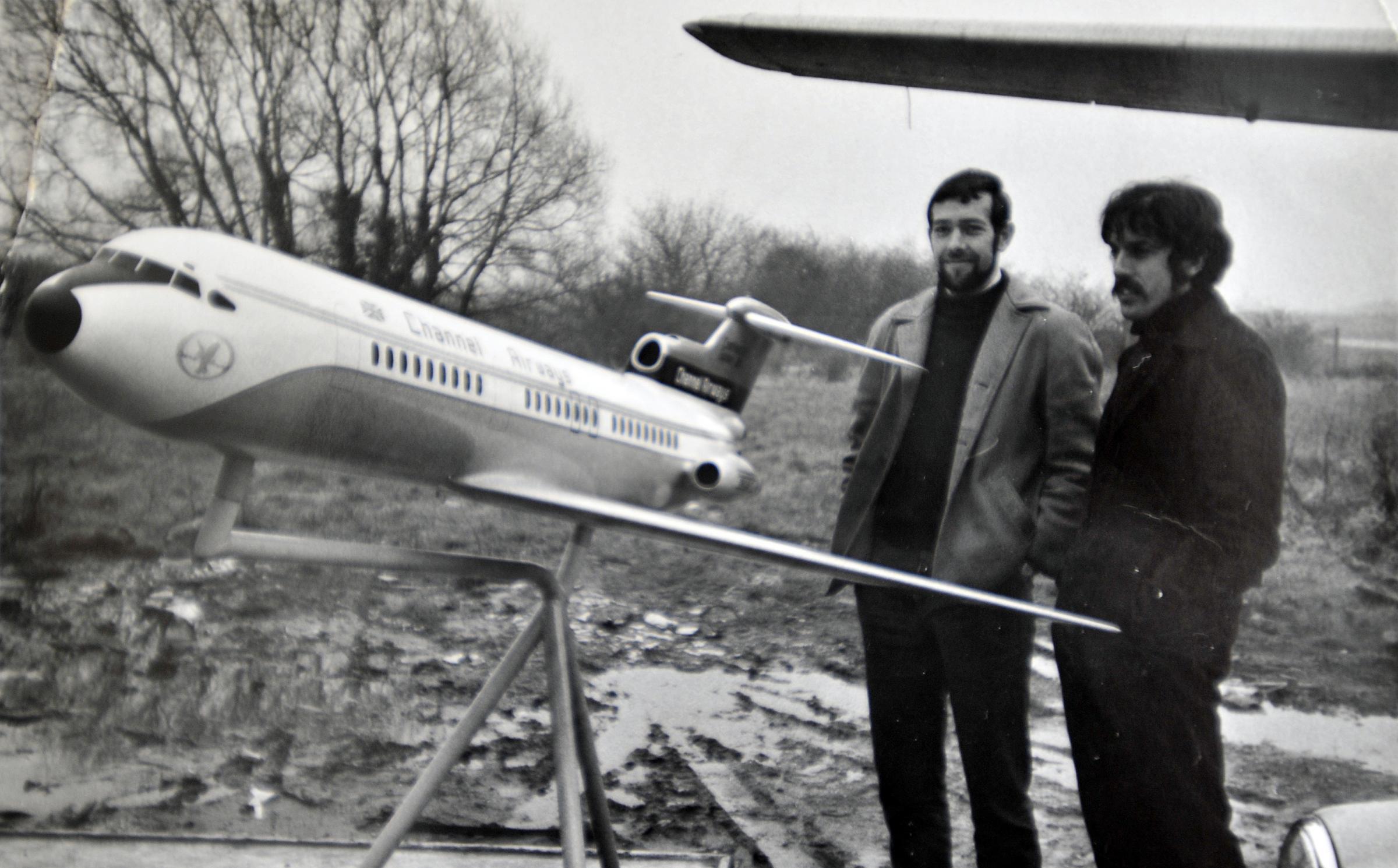Looking back - Terry Carter, pictured on the left in the 1970s, used to paint Channel Airways planes at Southend Airport