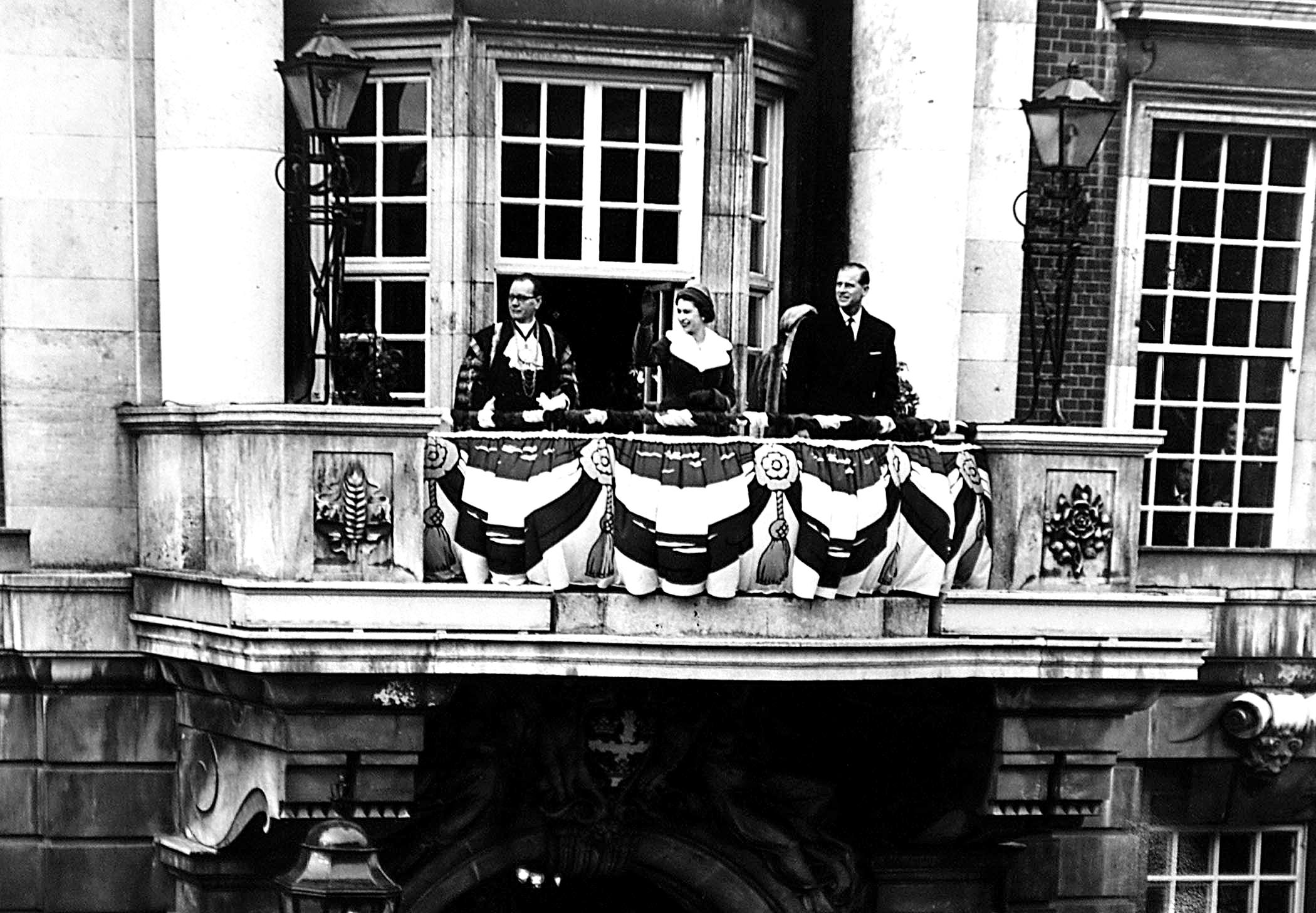 18195-c queen .The Queen and Duke of Edinburgh visit Colchester Town Hall 1958.