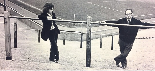 On the terraces - music promoter Max Seigel and his son John Paul at Roots Hall in 1978