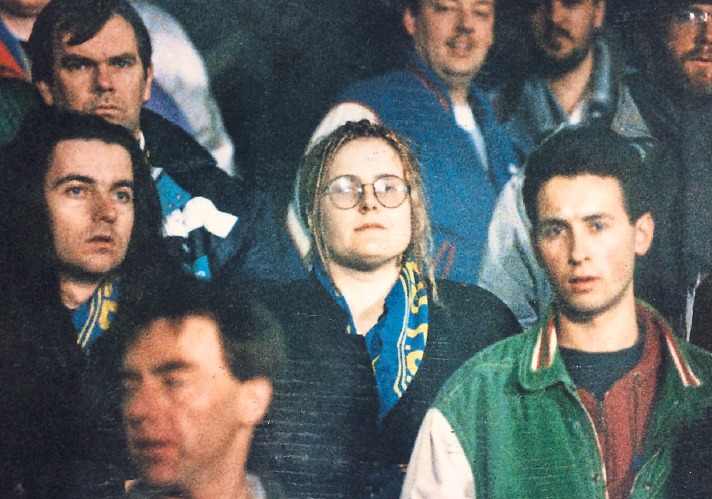 Famous face - singer Alison Moyet watches her beloved Southend United from the Roots Hall stands in 1993