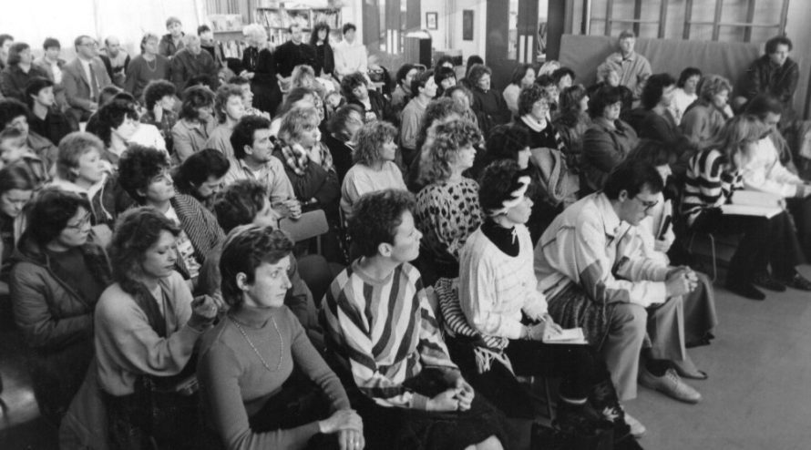 Listening in - concerned parents at the Lubbins Park Primary Academy in January 1988