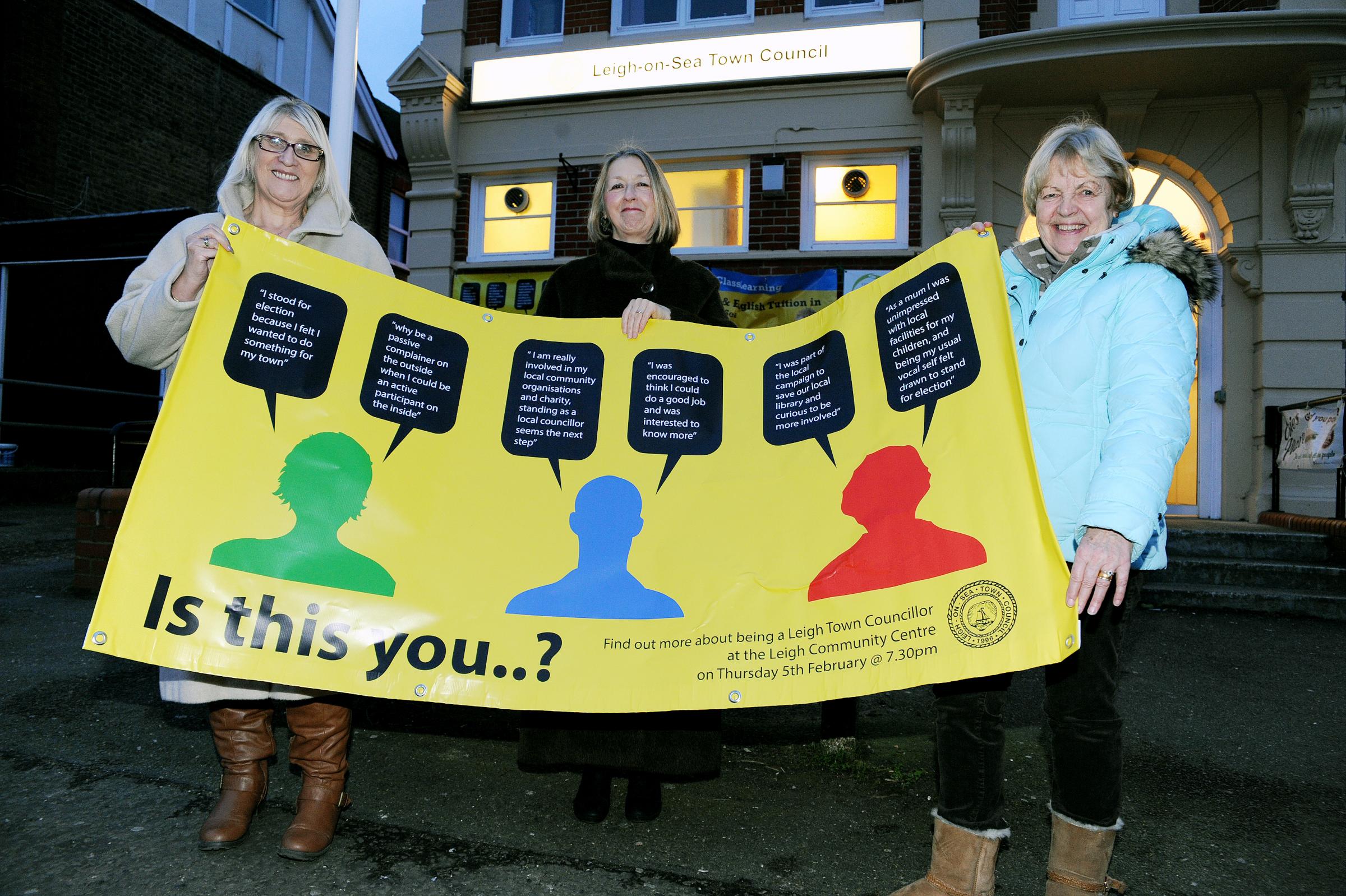 Seeking candidates - Carole Mulroney, Jane Ward and Valerie Morgan (left to right) created this poster in a bid to find potential councillors for Leigh Town Council in 2014