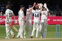 Posing problems - Jamie Porter of Essex celebrates with his team mates after taking the wicket of Ollie Pope