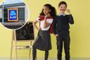 Aldi's school uniform bundle includes  two polo shirts, one sweatshirt and a choice of trousers or a pleated skirt