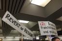 Placards held up at London Fenchurch Street during January's protest against the new c2c timetable