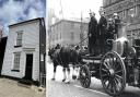 Left - Rochford's Old Fire Station. Right - a horse-drawn fire engine similar to one which was used in Rochford.