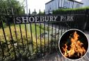 Incident - an image of the Shoebury Park entrance from North Shoebury Road and an inset image of a fire