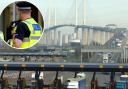 Big traffic delays - an image of the Dartford Crossing and an inset image of a police officer