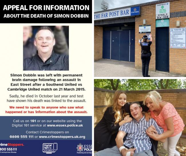 Posters are being put up around Roots Hall ahead of Southend United's first home game of the season appealing for witnesses of the attack on Simon Dobbin