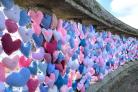 Lit up in blue, white and pink - thousands of knitted hearts made with love