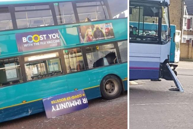 Crash - a bus collided with another parked bus in Southend. Pics: Chloe Lomax