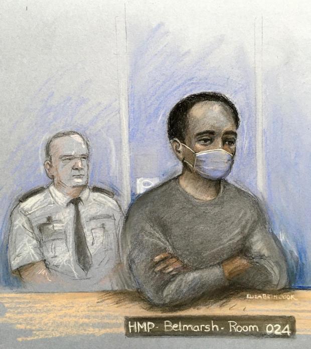 Echo: A court drawing of Ali Harbi Ali during a preliminary hearing at the Old Bailey last month (Elizabeth Cook/PA)