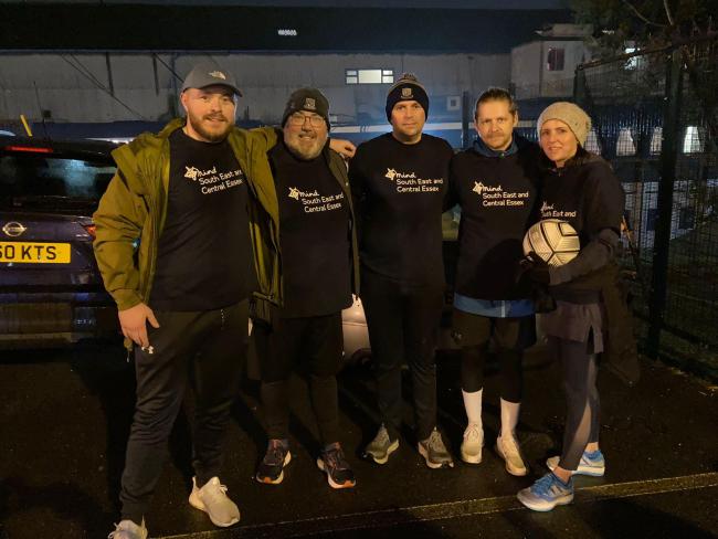 Final destination - Southend United fans (left to right) Charlie Blissett, Robert Askew, Chris Phillips, Scott Wheeler and Sarah Franklin walked 22 miles from Chelmsford to Roots Hall carrying the matchball on Tuesday night