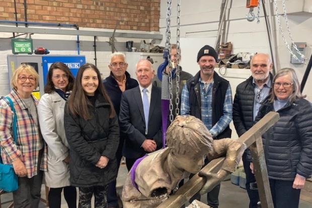 Remembering - Members of Harwich Kindertransport Memorial Trust with Harwich Mayor Ivan Henderson, sculptor Ian Wolter and Sculpture Services in Manningtree