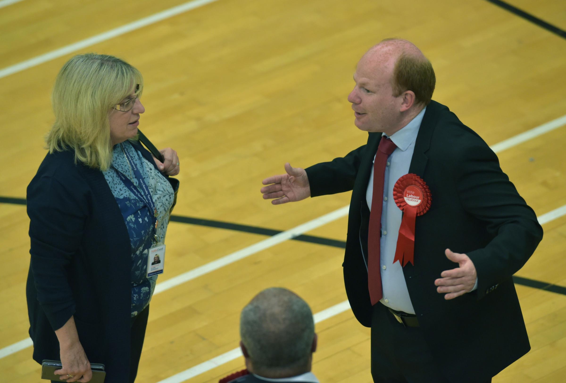 Leader of the Labour group in Basildon, Jack Ferguson (right) reacts after losing his seat. Pic: PA