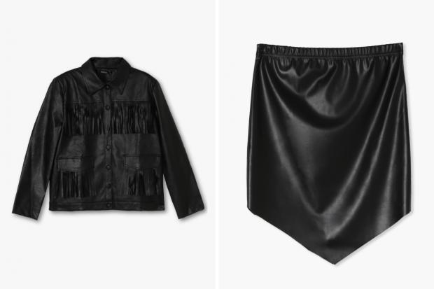 Echo: (Left) Fringe Faux Leather Jacket and (right) Pointed Hem PU Mini Skirt in black (Boohoo/Canva)