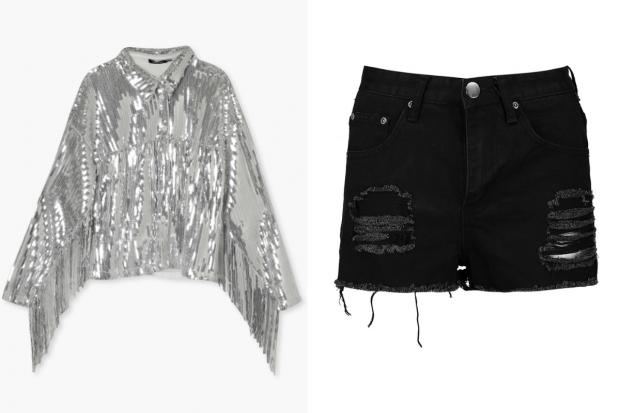 Echo: (Left) Sequin Fringe Detail Shirt and (right) Petite High Rise Distressed Denim Shorts (Boohoo/Canva)