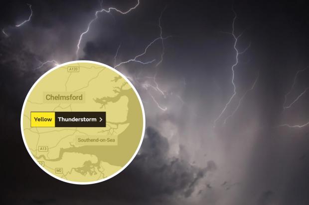 A yellow weather warning has been issued for thunderstorms in Southend. Credit: Canva/Met Office