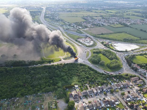 Echo: Drone photo by Harry Dowall shows the oil tanker fire at Sadlers Farm