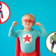 (Background) A boy dressed in a superhero costume ( Canva) (Circles) Toys from BargainMax. (BargainMax)