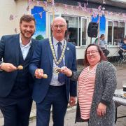 Competitive - Councillors Councillor Aston Line and Anne Jones with mayor Kevin Robinson during the egg and spoon race.