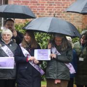 WASPI south Essex Women, including and Frances Neil and Deborah Dalton at flag raising at Porter's Civic House, with former Southend mayor Margaret Borton