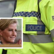 A woman was killed in a crash with an officer’s vehicle while part of an escort for the Duchess of Edinburgh (inset)