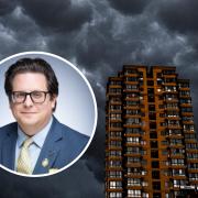 Stock image of a building during a storm and inset Andrew Schrader