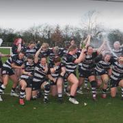 On a high - India Harvey (left) celebrates winning the Championship South One title with Thurrock in the final match of her rugby career
