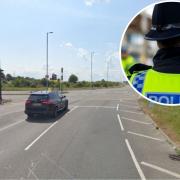 Police appeal - a Street View image of Sadlers Farm Roundabout and an inset image of a police officer