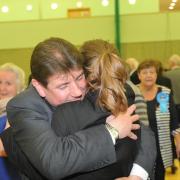 Stephen Metcalfe embraces his daughter after retaining the South Basildon and East Thurrock seat