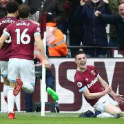 Full of joy - Declan Rice (right) celebrates after scoring his first goal in professional football